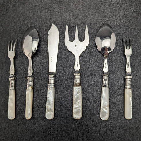 英国ヴィンテージ シルバープレート製 デザートカトラリーセット 白蝶貝ハンドル